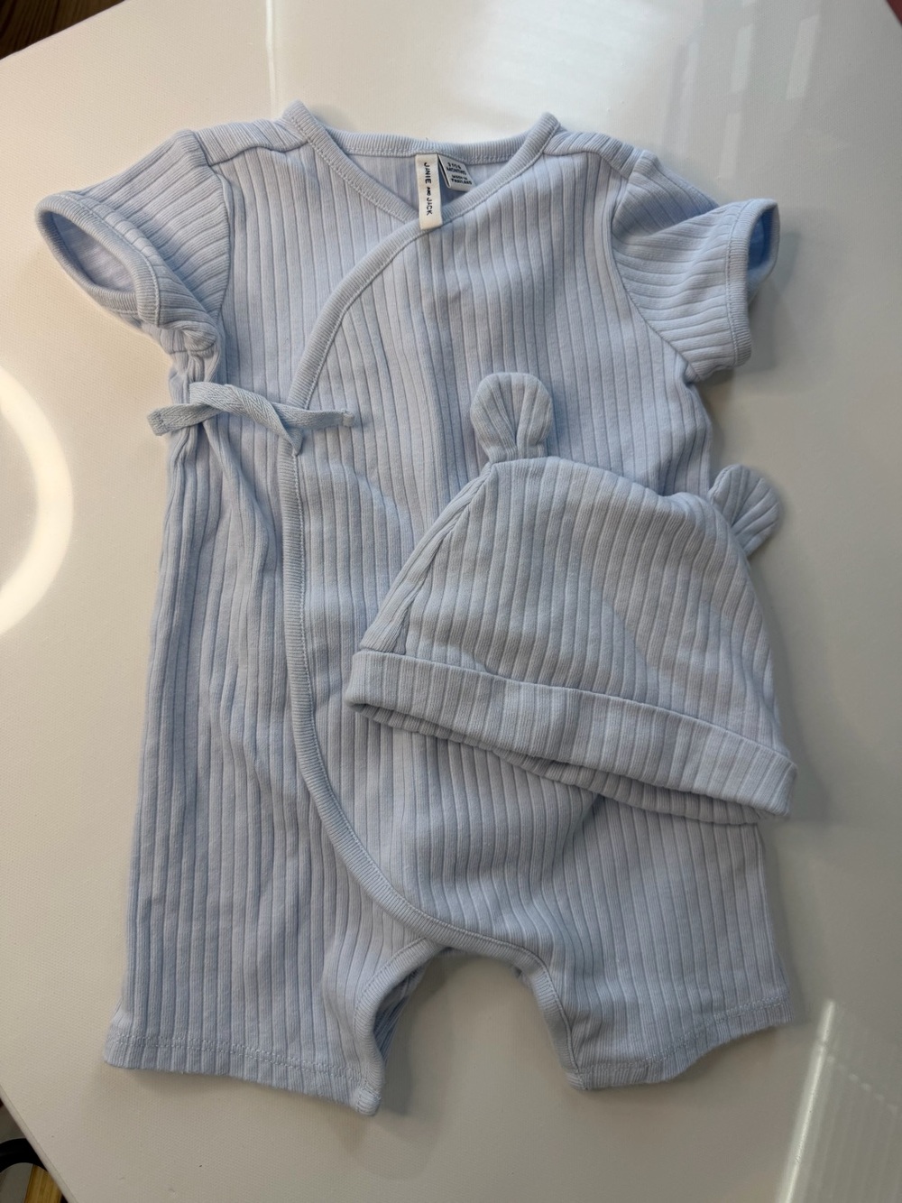 Janie and Jack Pastel Blue Ribbed Infant Kimono Romper and Hat